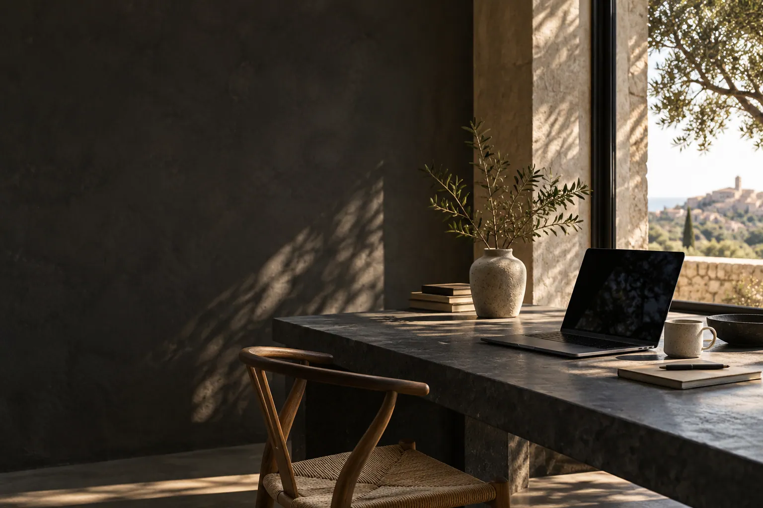 Espacio de trabajo de diseño web con luz natural; imagen generada