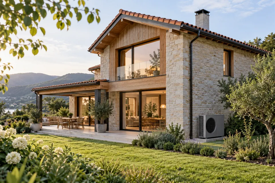 Vivienda con instalación exterior de aerotermia; imagen generada